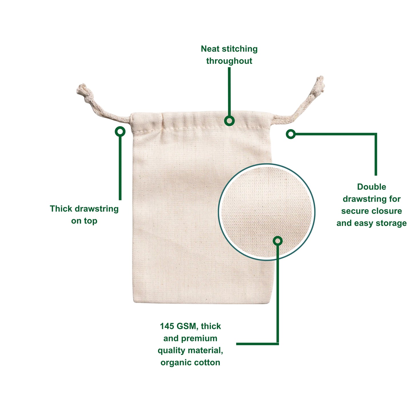100% Organic Cotton Double Drawstring Muslin Bags