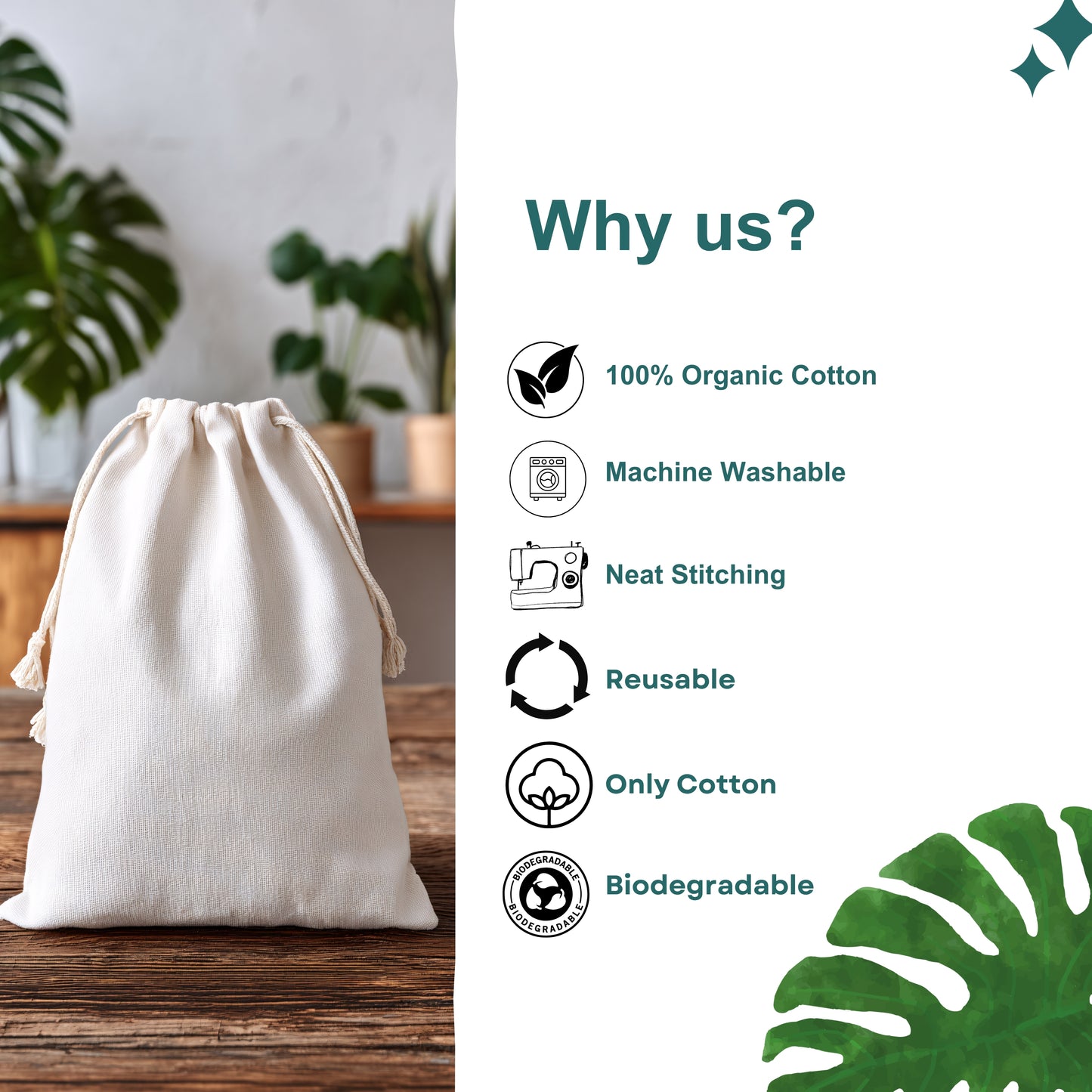 6x8 Inches - 100% Organic Cotton Double Drawstring Muslin Bags